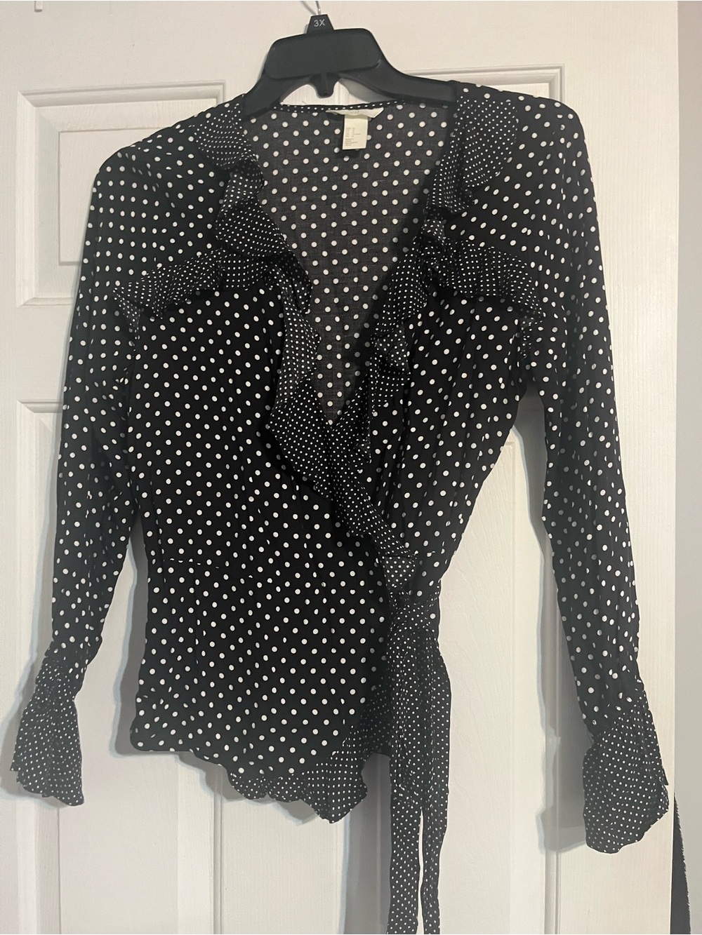 H &M Polka Dot Ruffle Wrap Top - Black/White Size 12